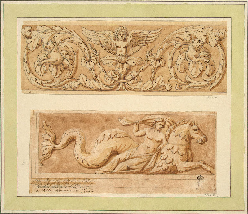 Fragment of a Marble Frieze with Hippocampi. From the Villa of Emperor Hadrian in Tivoli by Charles-Louis Clerisseau - Architecture, Interiors Drawings from Hermitage Museum