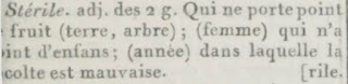 Extrait du Petit Dictionnaire de l'Académie Française : stérile
