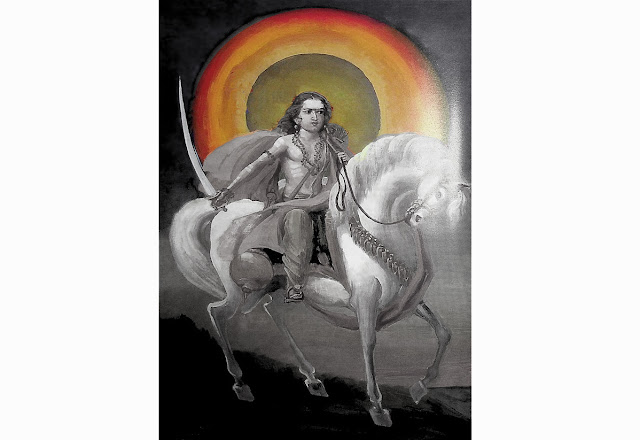 Kalki Avatar - image from Agni Puran, Gita Press Gorakhpur, color alterations by Lori Tompkins (Photoshop)