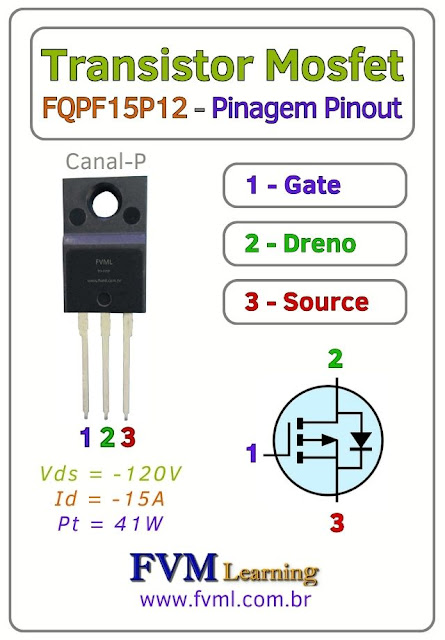 Datasheet-Pinagem-Pinout-Transistor-Mosfet-Canal-P-FQPF15P12-Características-Substituição-fvml