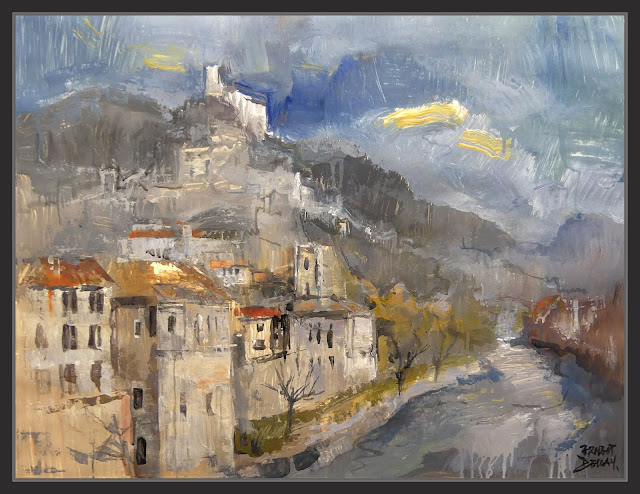 ENTREVAUX-PROVENCE-PEINTURE-PINTURA-PAISAJES-PUEBLOS-FORTIFICADOS-MEDIEVALES-FRANCIA-PINTOR-ERNEST DESCALS