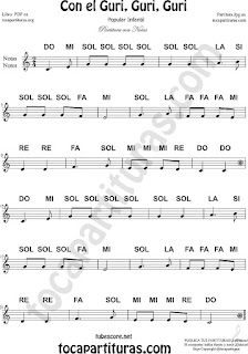 Partitura con Notas de la Canción Popular Con el Guri Guri Guri Sheet Music for Music Scores 