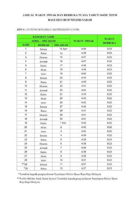Jadual Waktu Imsak Dan Berbuka Puasa Negeri Sabah 1442H