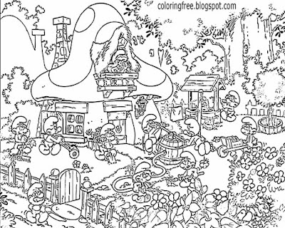 Printable adult hard coloring ideas Smurfs town natural scenery vintage TV drawing pictures to color