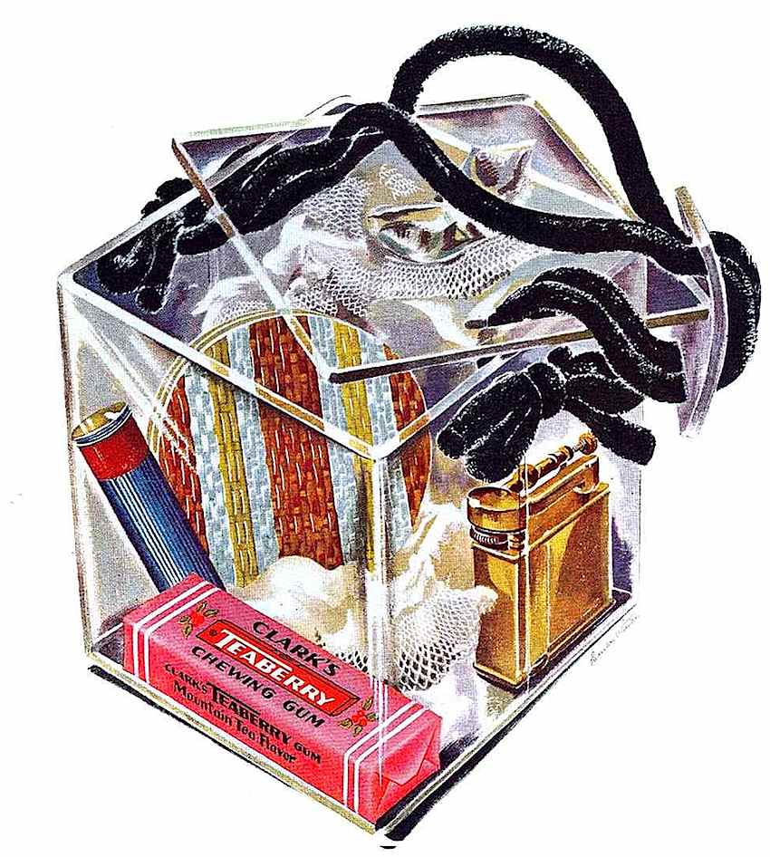 a 1945 lucite purse, color illustration, clear cube