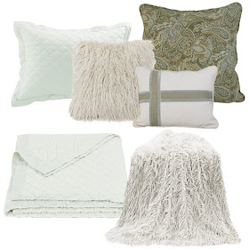 Seafoam linen quilt, Arlington Euro sham and decorative throw pillow, white monogolian faux fur throw and pillow