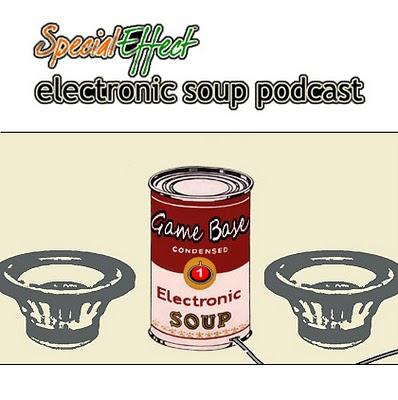 Image of bold black text that reads Special Effect Electronic Soup Podcast. A can labelled 'Game Base condensed electronic soup' is plugged into the wall off screen surrounded by two large sub-woofer speakers.