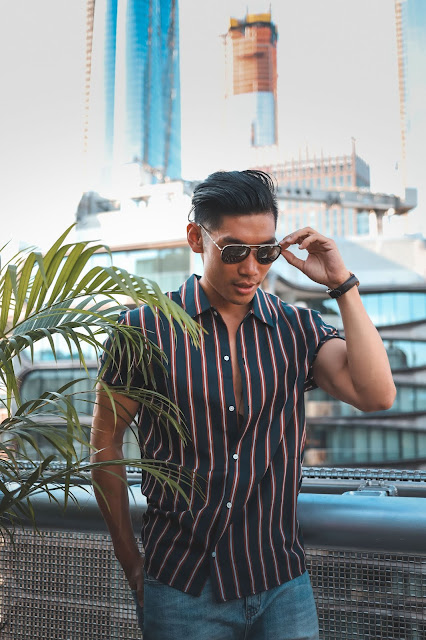 Leo Chan wearing Nautical Stripes, Burberry Aviator Sunglasses for a Poolside Look | Asian Male Model