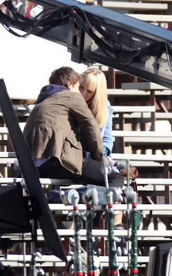 Andrew Garfield and Emma Stone on the set of 