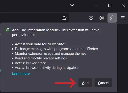confirm idm extension installation in firefox