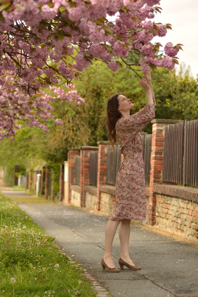 thrifted vintage dress, s.Oliver heels, georgiana quaint, český blog, cherry blossoms season