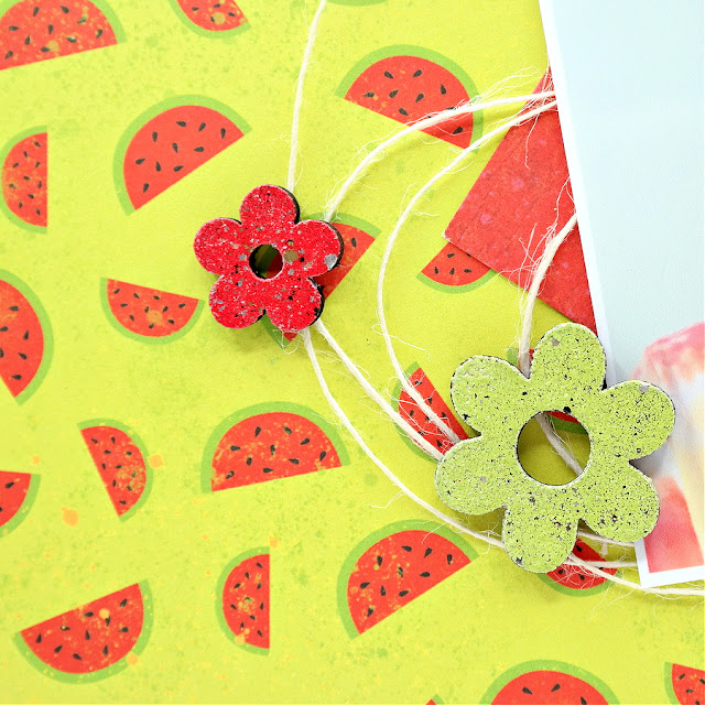 Red and Green Embossed Wood Veneer Flower Embellishments on a Watermelon Themed Scrapbook Layout