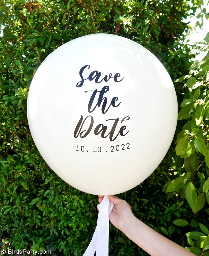 DIY Custom Text Balloons Using Vinyl - quick and easy craft project to personalize balloons for your party, celebrations, weddings and events! by BIrdsParty.com @BirdsParty #diycustomballoons #vinylballoons #bubbleballoon #weddingballoon #personalizedballoons #diycustomwedding #diywedding #savethedate