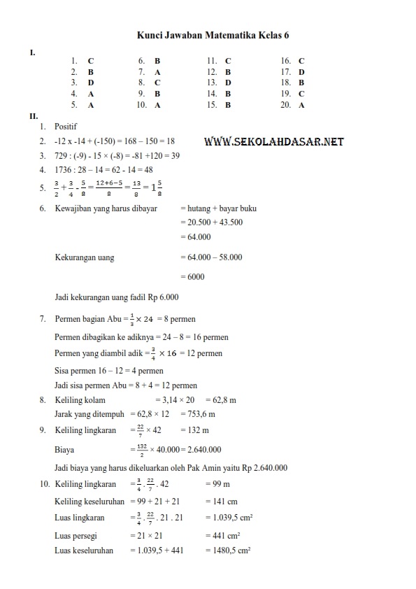 Soal Penilaian Tengah Semester 1 Kelas 6 Matematika dan Kunci Jawabannya