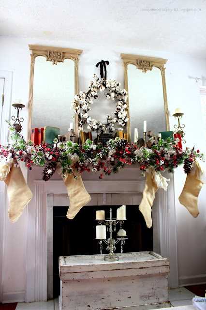 Rosevine Cottage, Christmas Decor, Decorating, Mantel Decor, Christmas Past, Vintage, Cotton, Flocked, Old Books,
