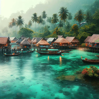 rainy day village on the tropic sea