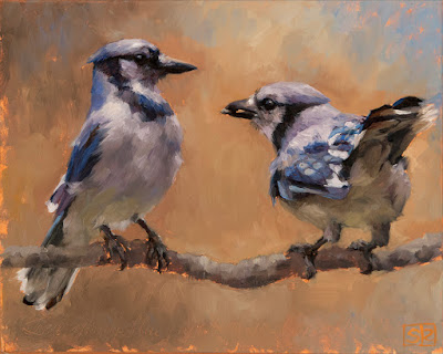 An oil painting of two bluejays with a sunflower seed on a branch by fine artist Shannon Reynolds