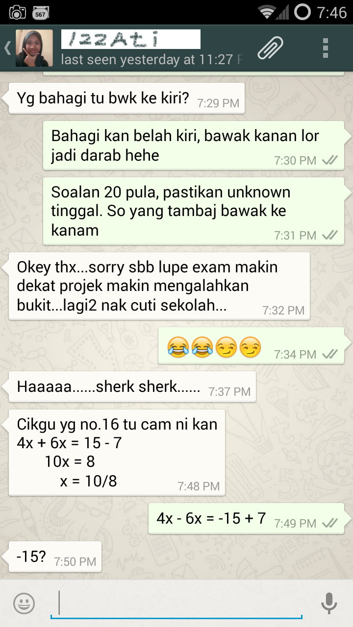 Tuisyen Matematik melalui WhatsApp. (Izzati, Tingkatan 2 