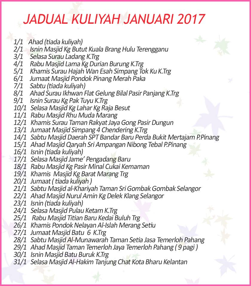 Jadual Kuliah Ustaz Azhar Idrus (UAI) Julai 2018