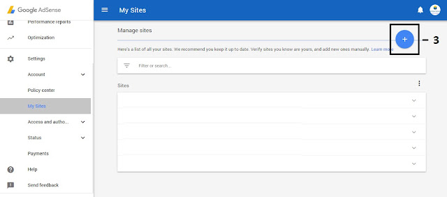 Click on the plus sign "+" to a new site in your Google Adsense account as shown in the pic below.