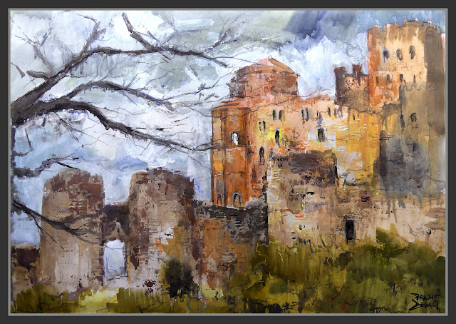 LOARRE-PINTURA-CASTILLO-ABADIA-MURALLAS-CIELO-NUBOSO-ARQUITECTURA-ROMANICO-ROMANTICISMO-ARTISTA-PINTOR-ERNEST DESCALS