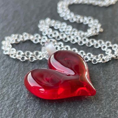 Handmade lampwork glass red heart necklace by Laura Sparling