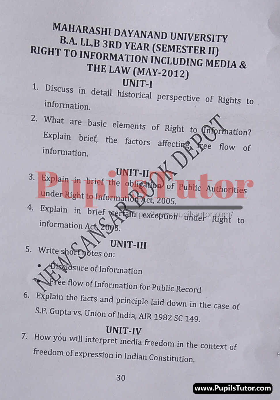 MDU (Maharshi Dayanand University, Rohtak Haryana) LLB Regular Exam (Hons.) Second Semester Previous Year Right To Information Including Media And The Law Question Paper For May, 2012 Exam (Question Paper Page 1) - pupilstutor.com