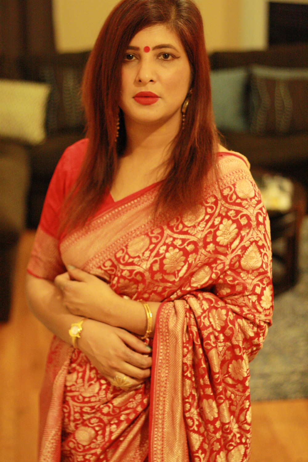 Charmi in Red Banaras Saree | Fashionworldhub