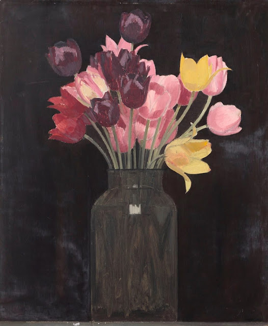 still life, Bernard Boutet de Monvel, nature morte,  Tulipes sur un fond noir 1925, Huile sur panneau,
