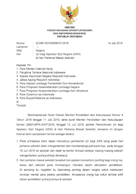 Surat Menpan RB Nomor : B/2461/M.PANRB/07/2016 Tentang Ijin bagi ASN di Hari Pertama Masuk Sekolah