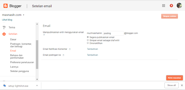 gambar laman untuk mengatur email postingan