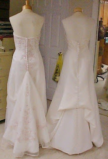 example of two ways to use hidden hooks to bustle a wedding dress