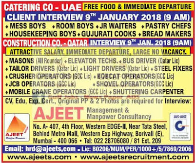 Construction co Qatar & UAE Job vacancies - free food