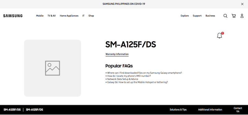 As you can see, Samsung Galaxy A12 has a model number of SM-A125F/DS