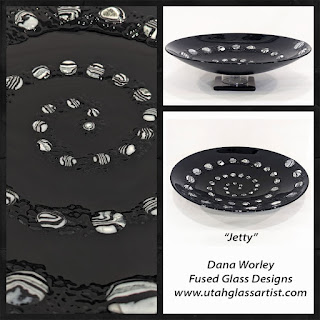 Photo collage of a black & white fused glass bowl