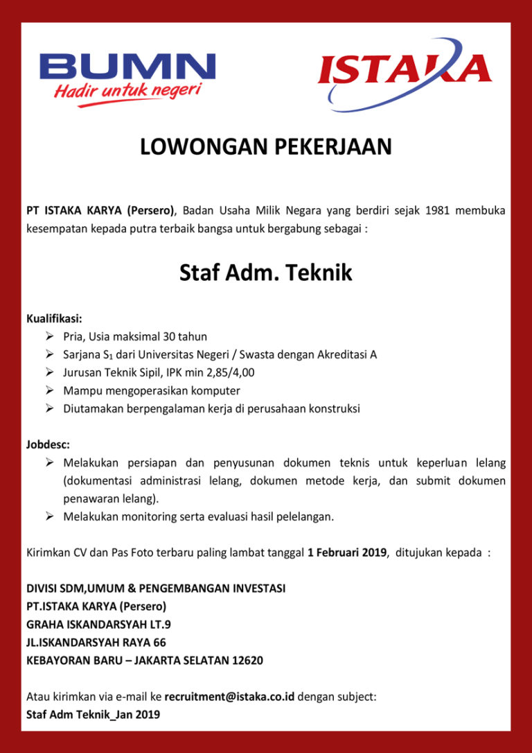 Loker BUMN PT Istaka Karya (Persero) Medan Februari 2019 | Lowongan Kerja Terbaru Medan Tahun 2020