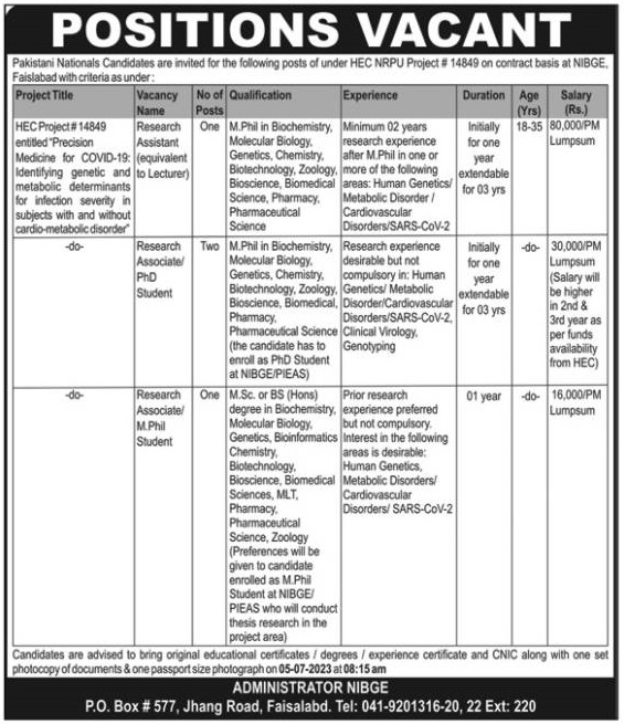 Jobs in National Institute for Biotechnology & Genetic Engineering NIBGE