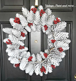 Vintage, Paint and more... Wreath made with white spray painted pine cones, wire wreath form and red berries