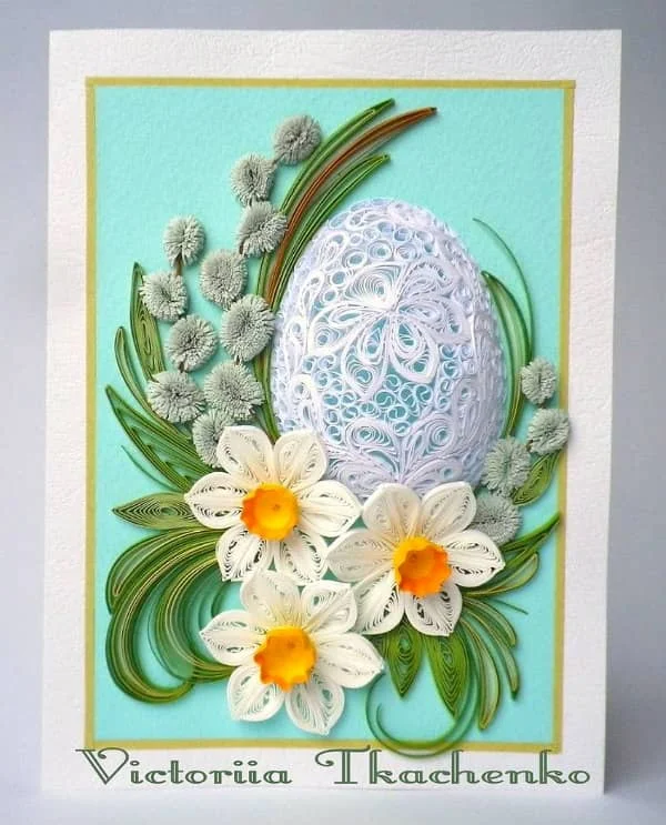 quilled egg, flowers, and pussy willows on Easter card