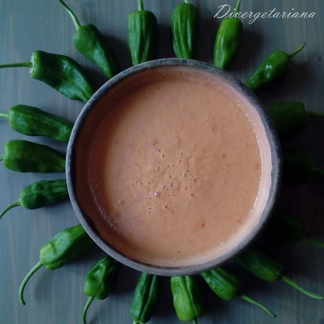 Tazón de gazpacho rodeado de pimientos del padrón