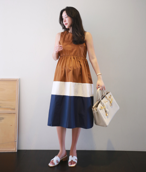 Color Block Sleeveless Midi Dress
