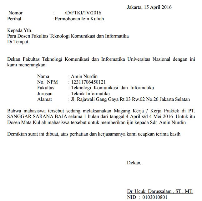 Contoh Surat Izin Tidak Hadir Pkl  Contoh Surat