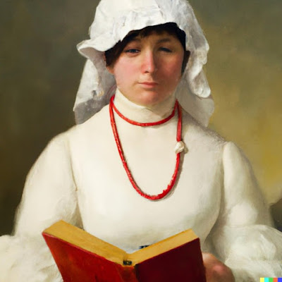 A digitally-created 'oil painting' created by prompts trying to recreate the oil painting of Mangnall. It shows a female figure in a similar white dress and cap to Mangnall, with orange necklace, reading a book