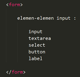 elemen yang ada pada tag form yaitu input, text area, button, label, select