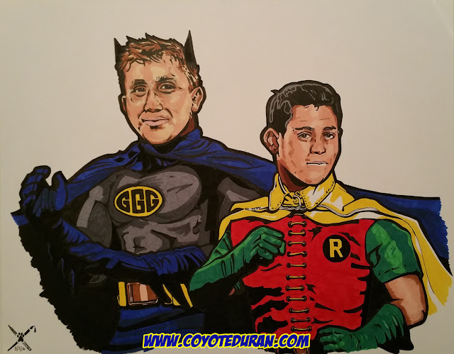 Gennady Golovkin and Roman Gonzalez, ink and Copic/Prismacolor art markers on 11" X 14" Bristol Board, comic book-inspired boxing art by Coyote Duran
