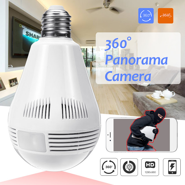 360° Panorama Fisheye IP Bulb Camera Lamp CCTV Monitor Light Bulb WIFI Night Vision