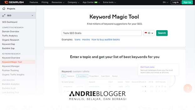 Tools SEO Riset Kata Kunci Gratis - Semrush