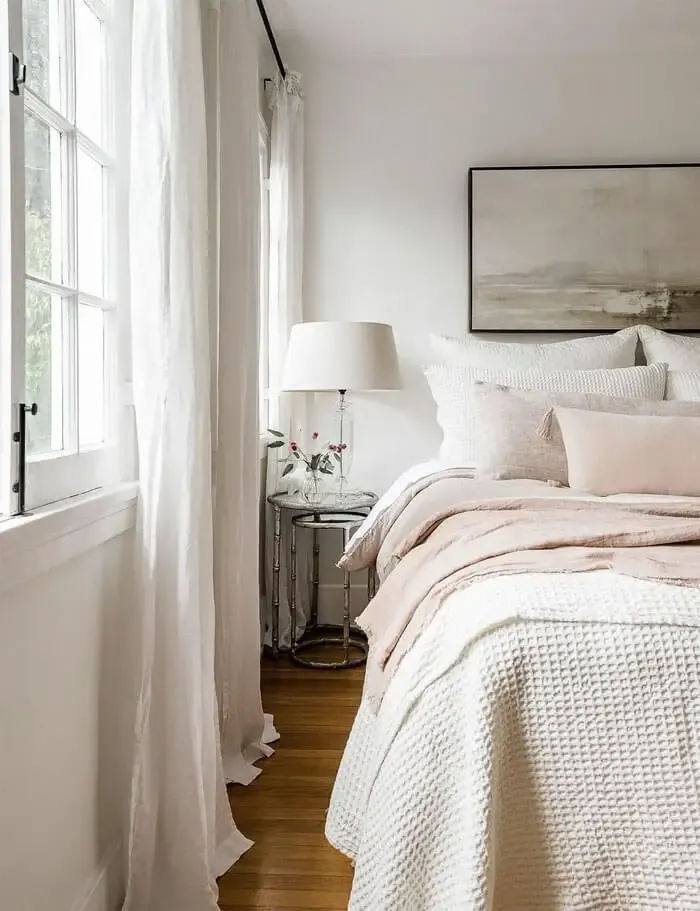 White bedroom with bed and nightstand