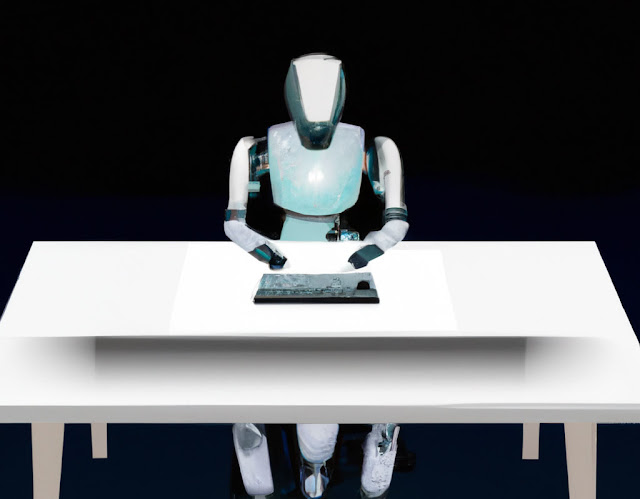 A futuristic robot sitting at a desk with a computer, typing on a keyboard, and generating content, representing the concept of generative AI creating text