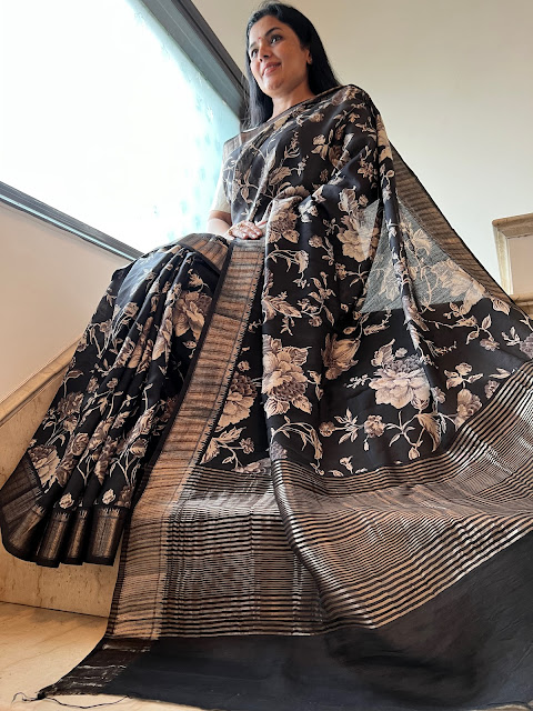 Black pashmina silk digital print saree